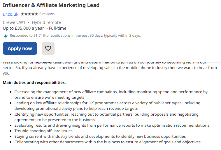 Affiliate marking job advert from indeed.com